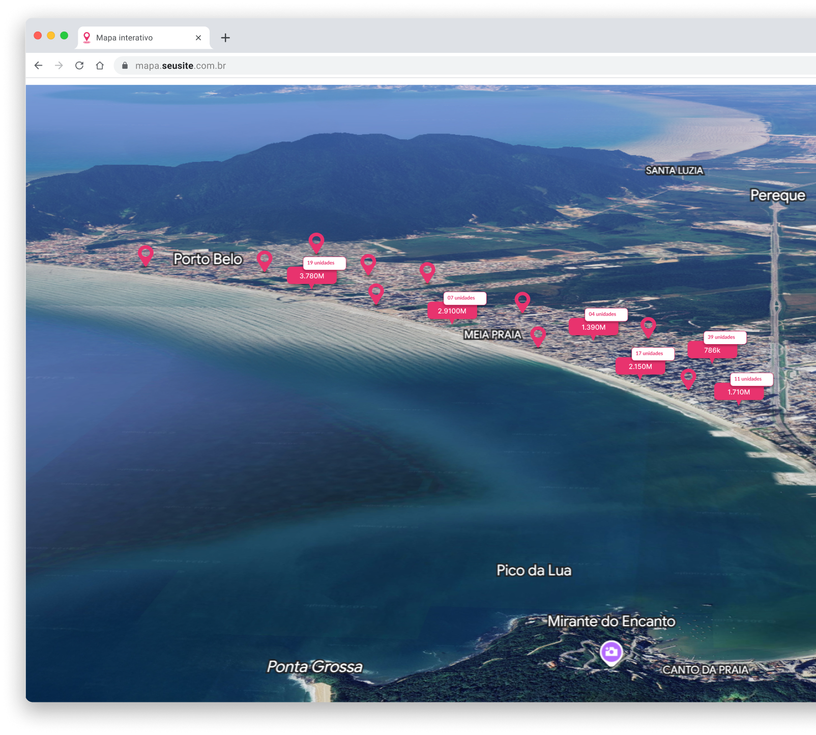 Mapa interativo VistaHub com empreendimentos